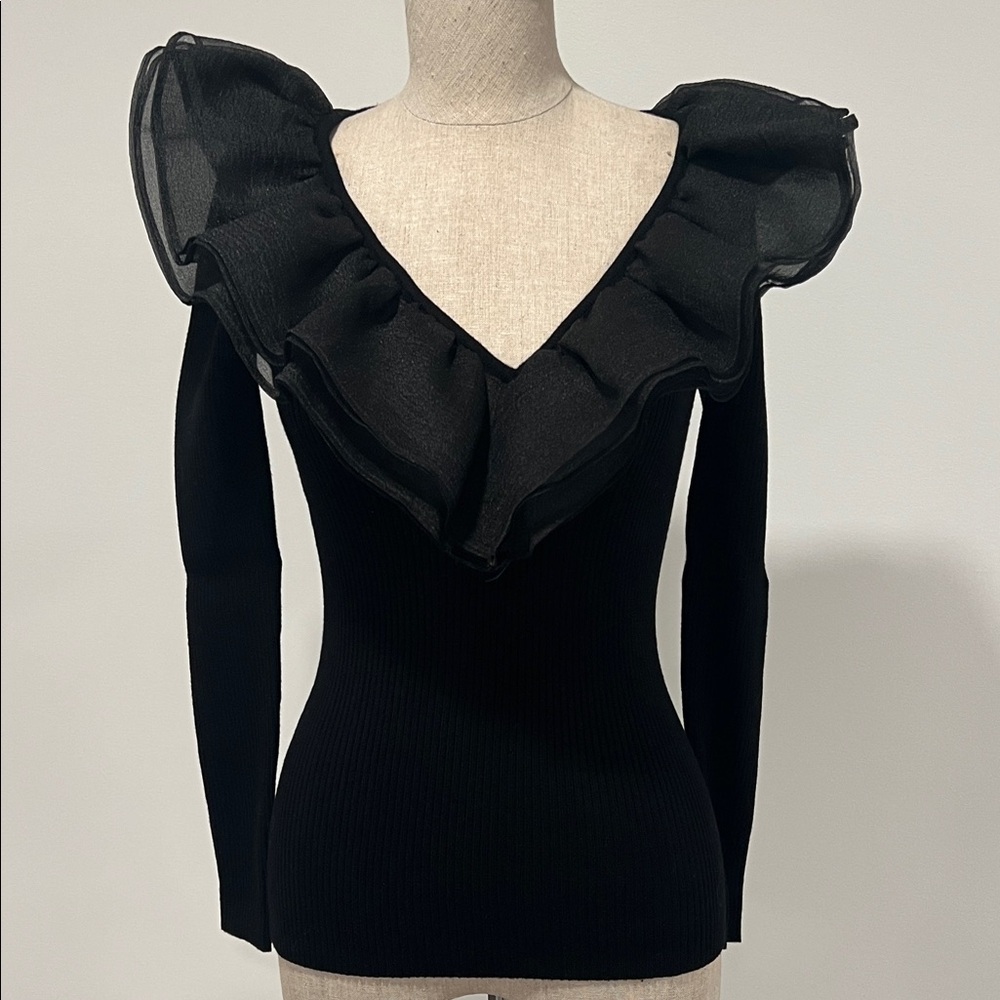 Elegant Black Ruffled V-Neck Top